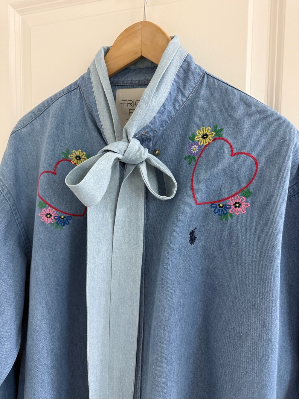 Free People x Tricia Fix vintage remade Ralph Lauren embroidered denim tie top